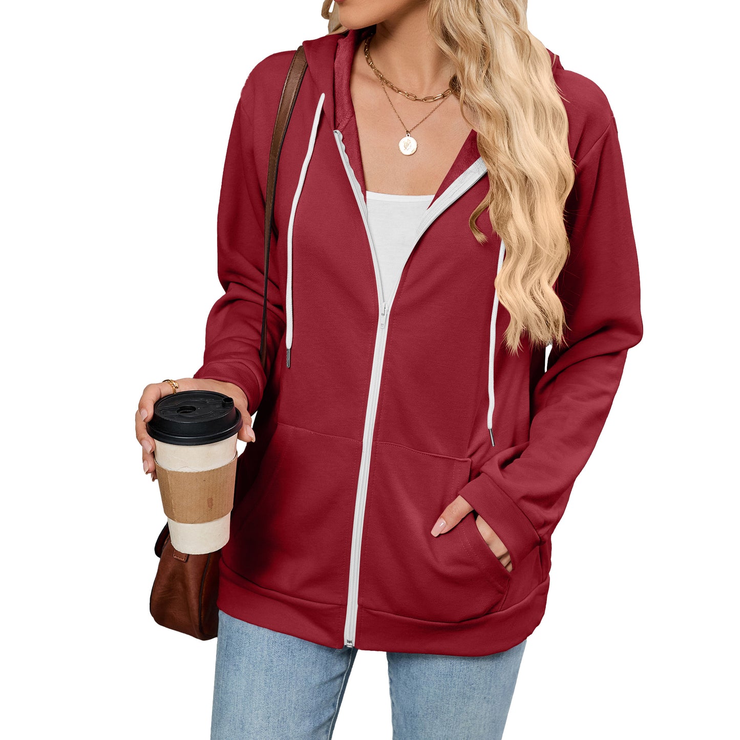 Women's Color Zipper Hooded Pocket Long Sleeve Tops