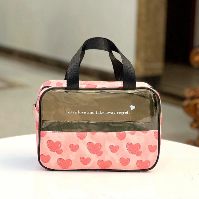 Zipper Translucent Love Peach Heart Flocking Large Capacity Portable Handbags
