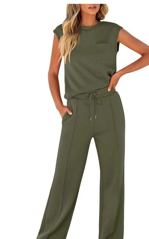 Women's Solid Color Sleeveless High Waist Trousers Suits