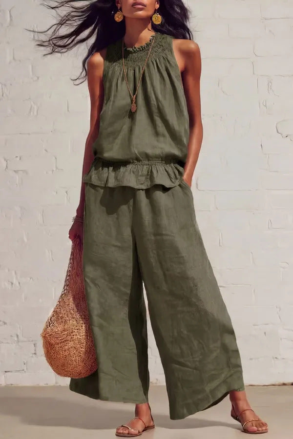 Sleeveless Cool Elastic Waist Design Wide Tops