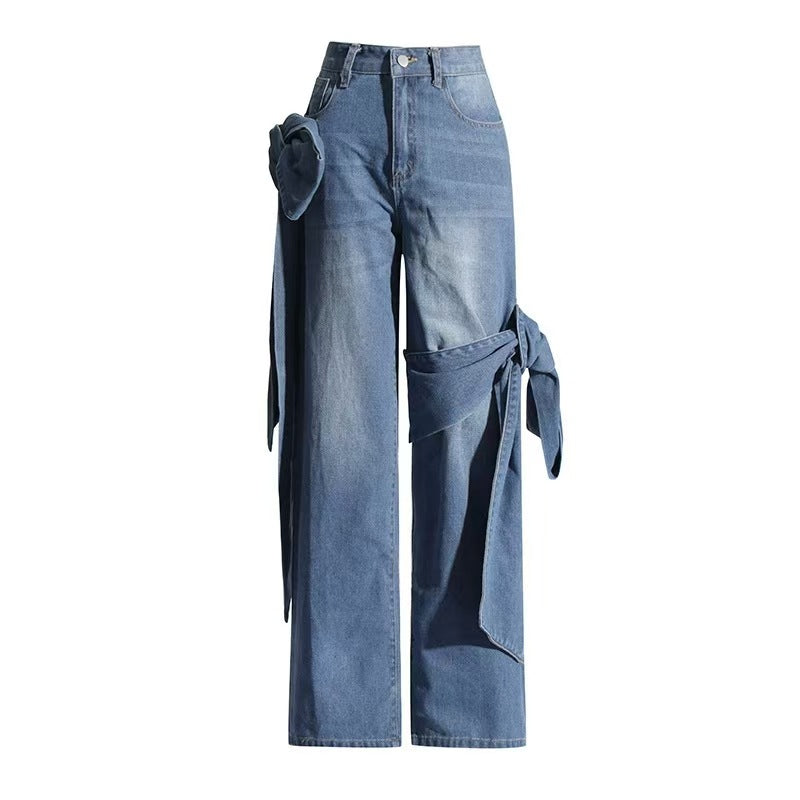 Women's Spring Washed Distressed Stitching Bow Design High Jeans