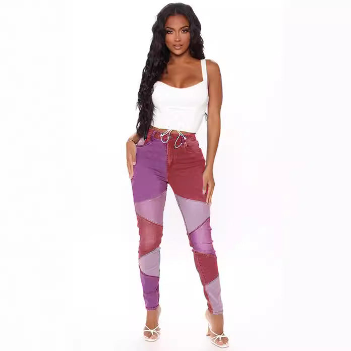 Women's Autumn Blue Black Stitching Trendy Cotton Jeans