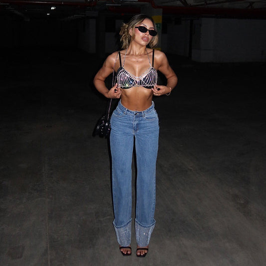 Women's High Waist Hot Design Rhinestone Casual Jeans