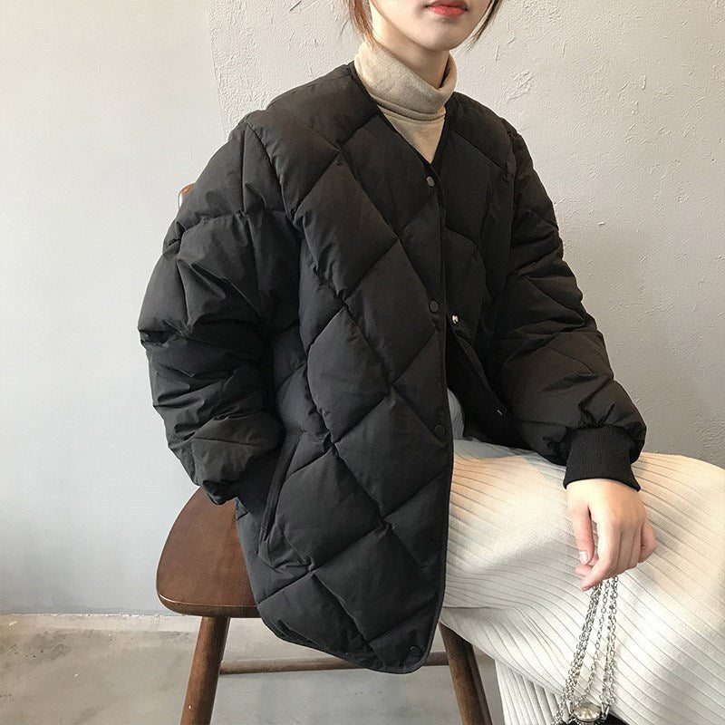 Women's Collarless Rhombus Down Korean Loose-fitting Lightweight Coats