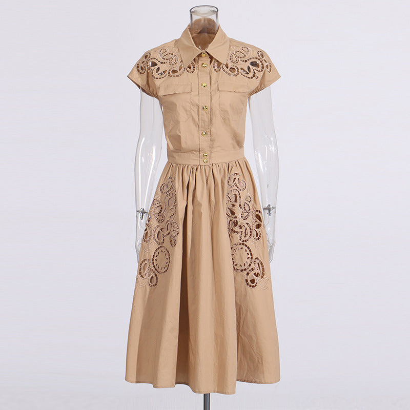 Women's Summer Lapel Short-sleeved Single-breasted Embroidered Hollow Skirts
