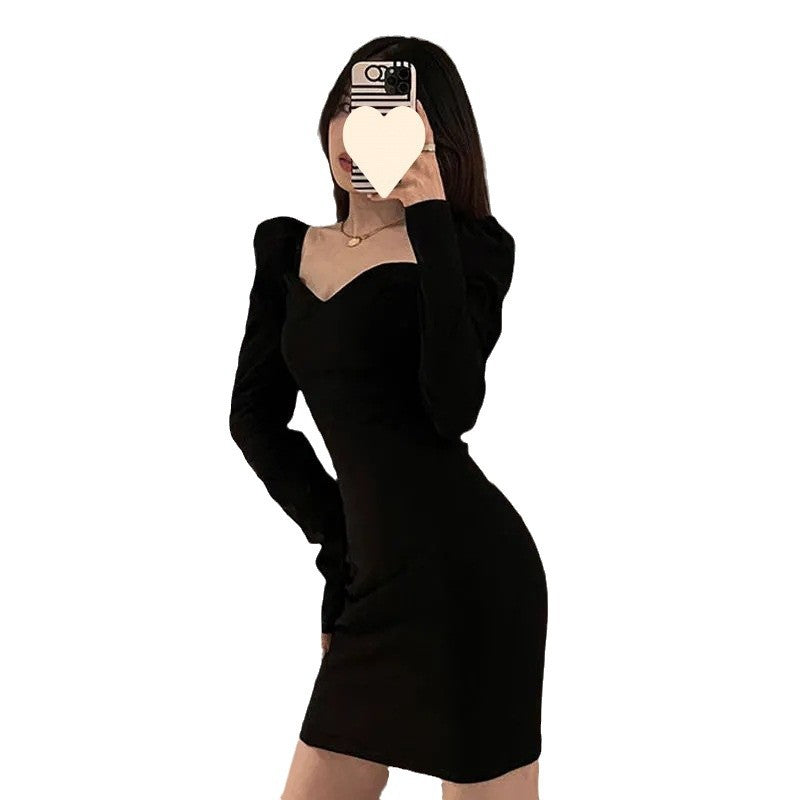 Women's French Style Puff Sleeve Black Square Collar Sheath Hepburn Dress