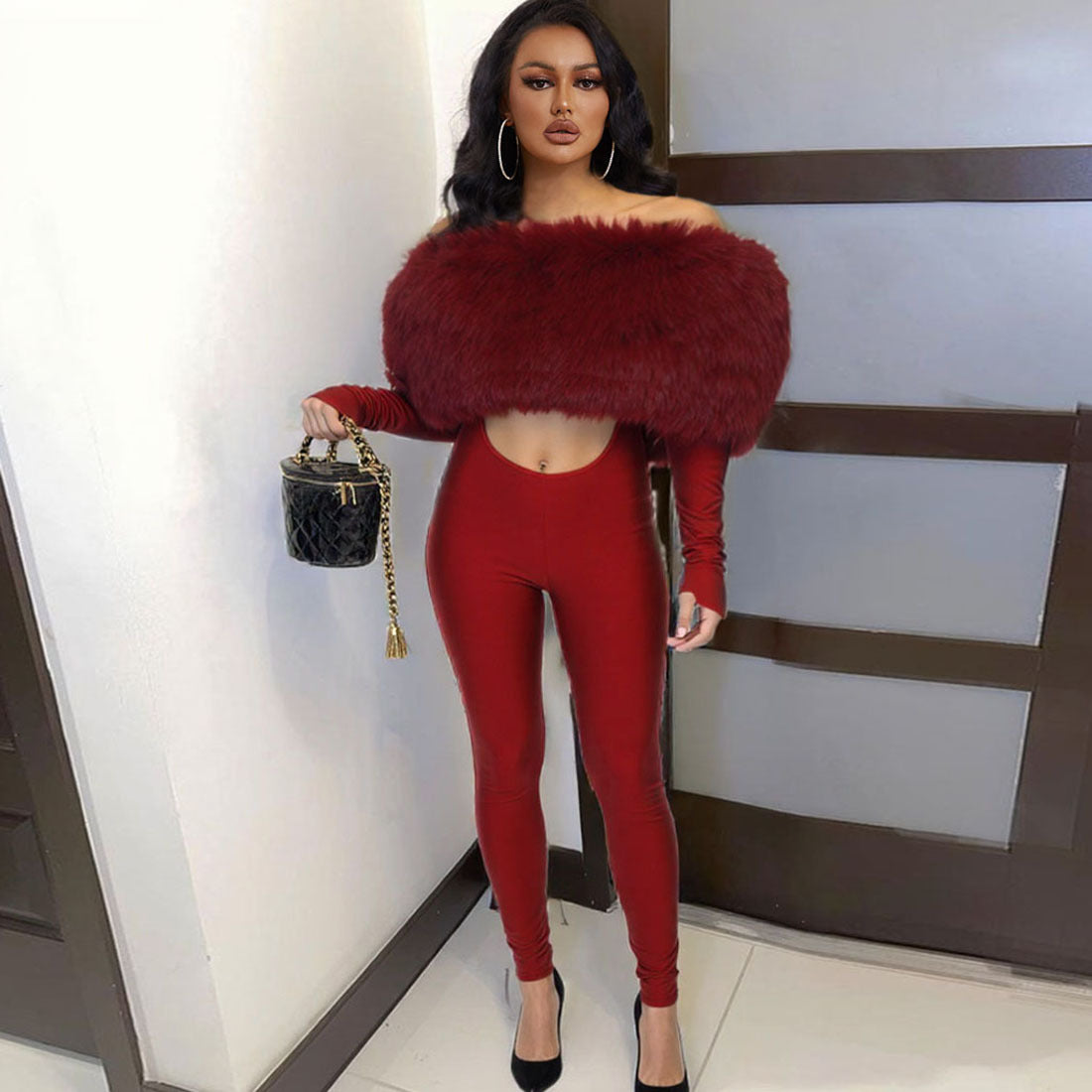 Women's Furry Stitching Sexy Long Sleeve Jumpsuits