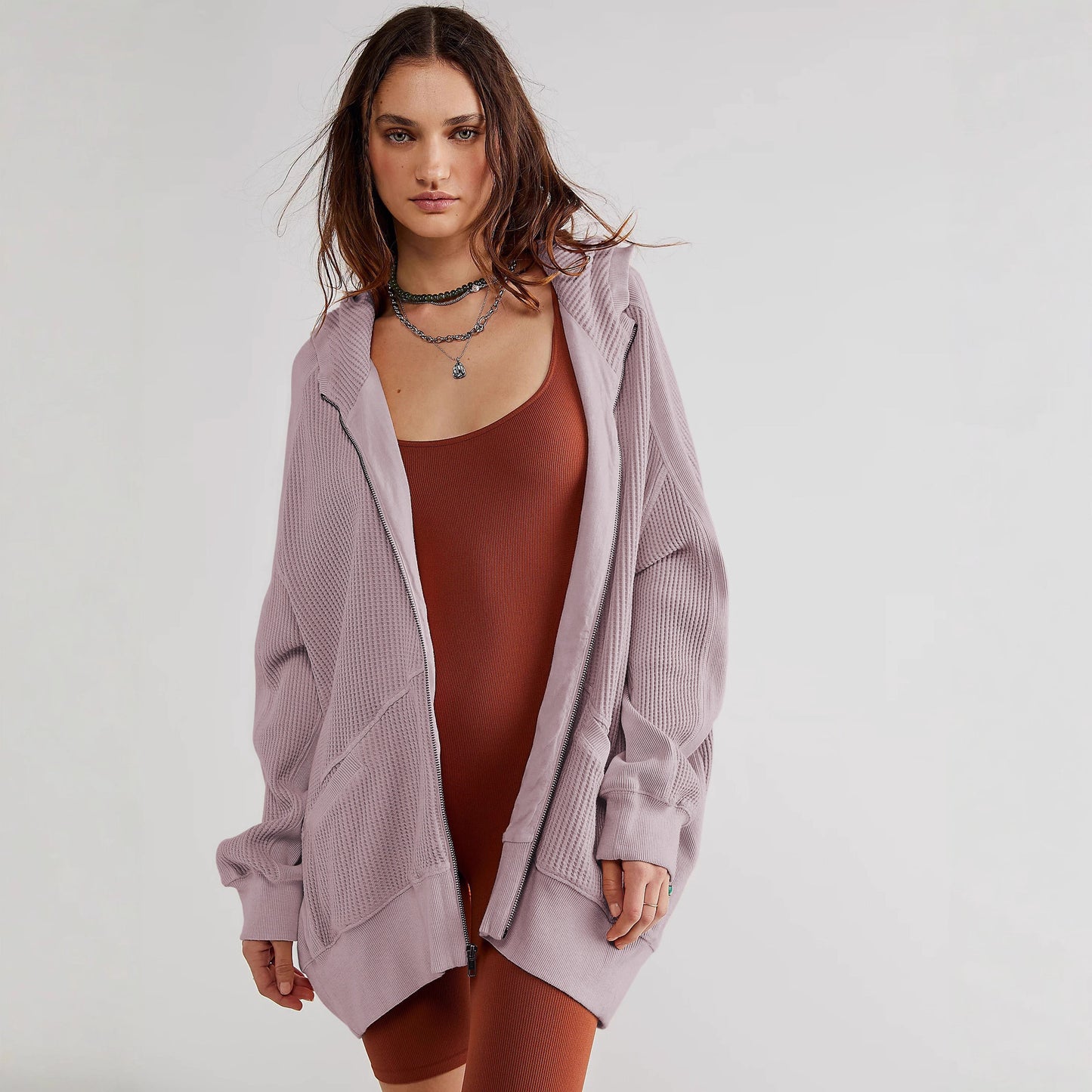 Women's Waffle Zipper Idle Style Loose Wear Cardigans