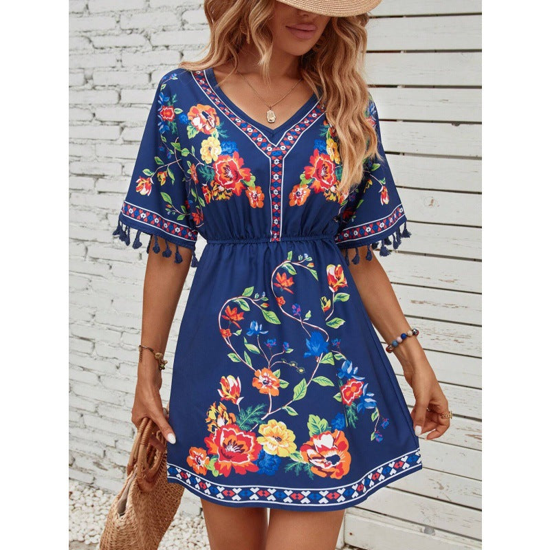 Bohemian Retro Ethnic Style Tassel Print Dress