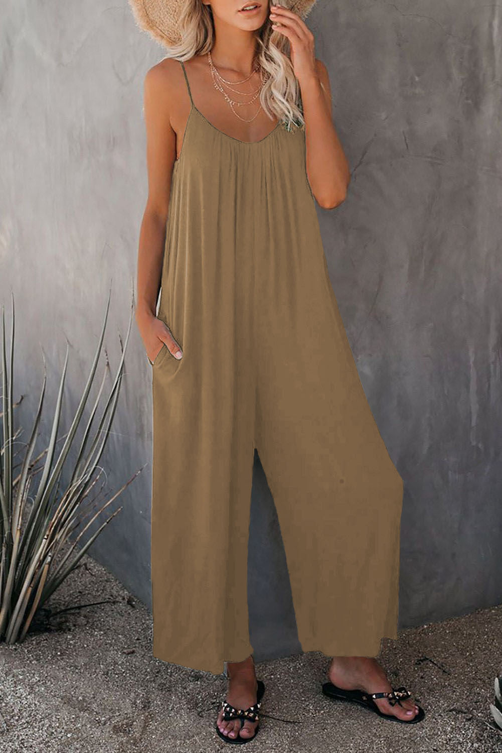 Women's Sling Summer Solid Color Pocket Jumpsuits