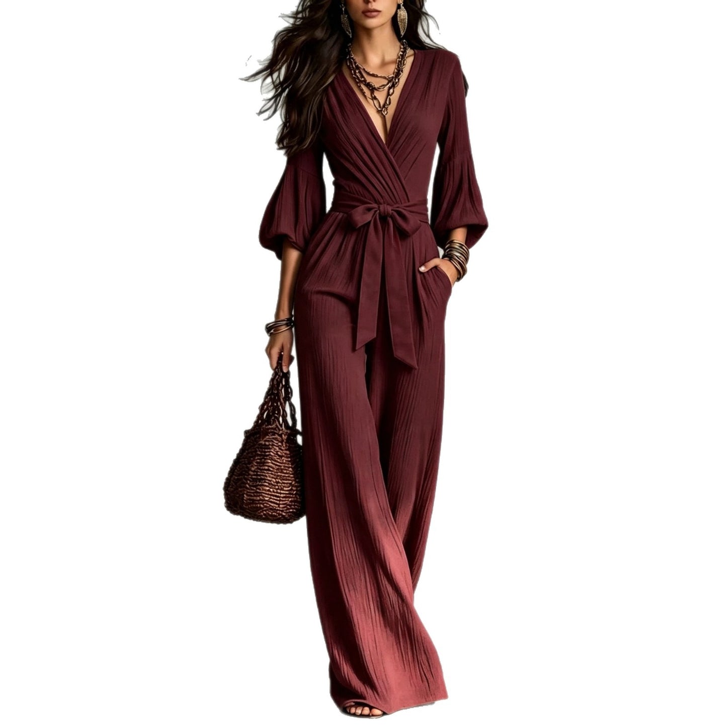 Deep V Puff Sleeve One-piece Female Belt Jumpsuits
