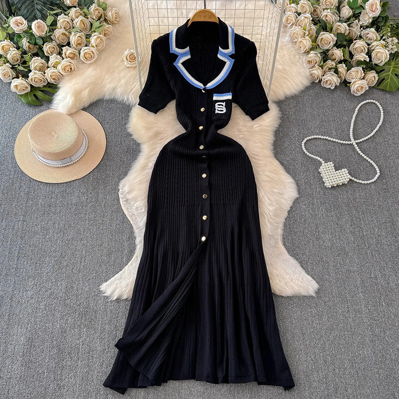 Contrast Color Lapels Knitted Dress Letter Dresses