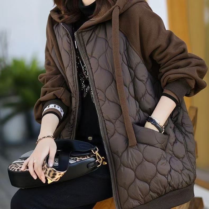Women's Large Rhombus Hooded Stitching Down Thick Coats
