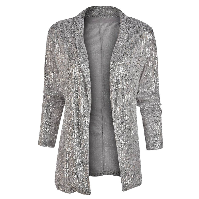 Women's Spring Sequined Long Sleeve Elegant Mid-length Small Polo Collar Blazers