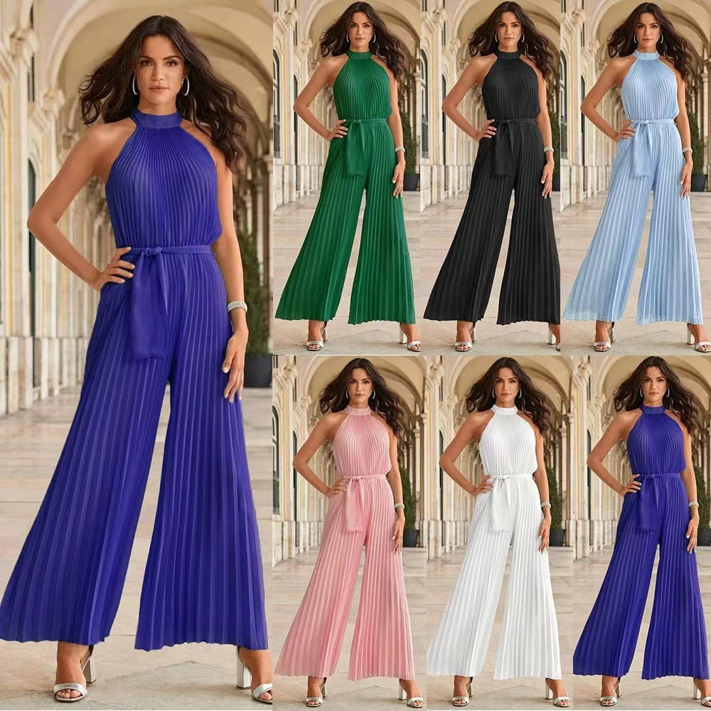 Women's Halter Sleeveless Pleated One-piece Trousers Lace Women's Jumpsuit/clothing