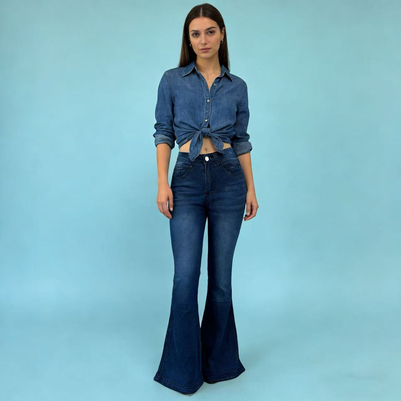 Women's Retro Washed Bell-bottom Denim Casual Trousers Pants