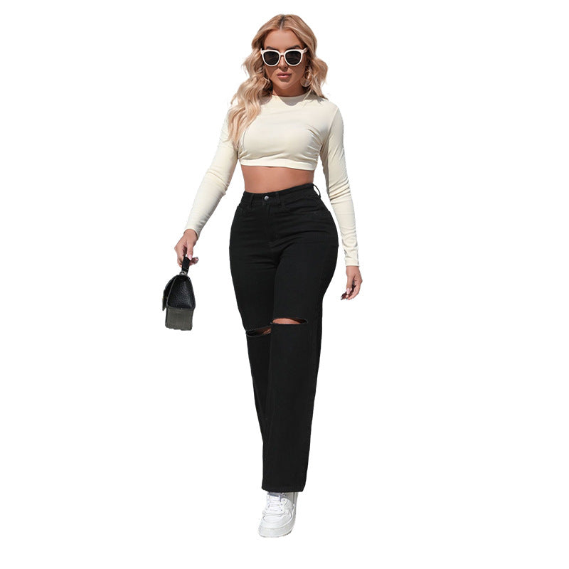 Women's Black Straight Design Sense Ripped Versatile Jeans