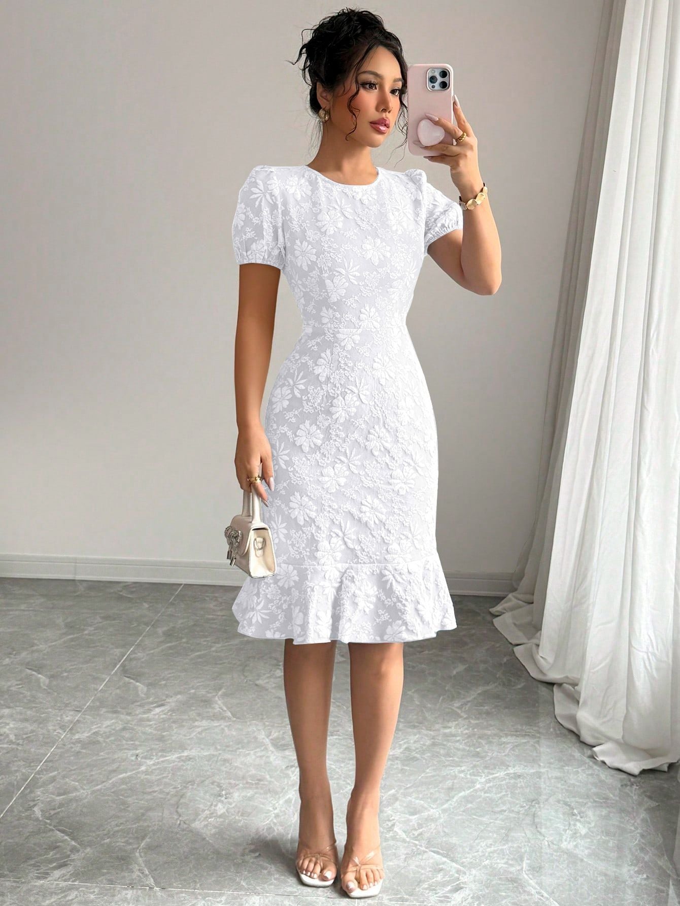 Women's Summer Bubble Sleeve Texture Jacquard Round Neck Retro Dress