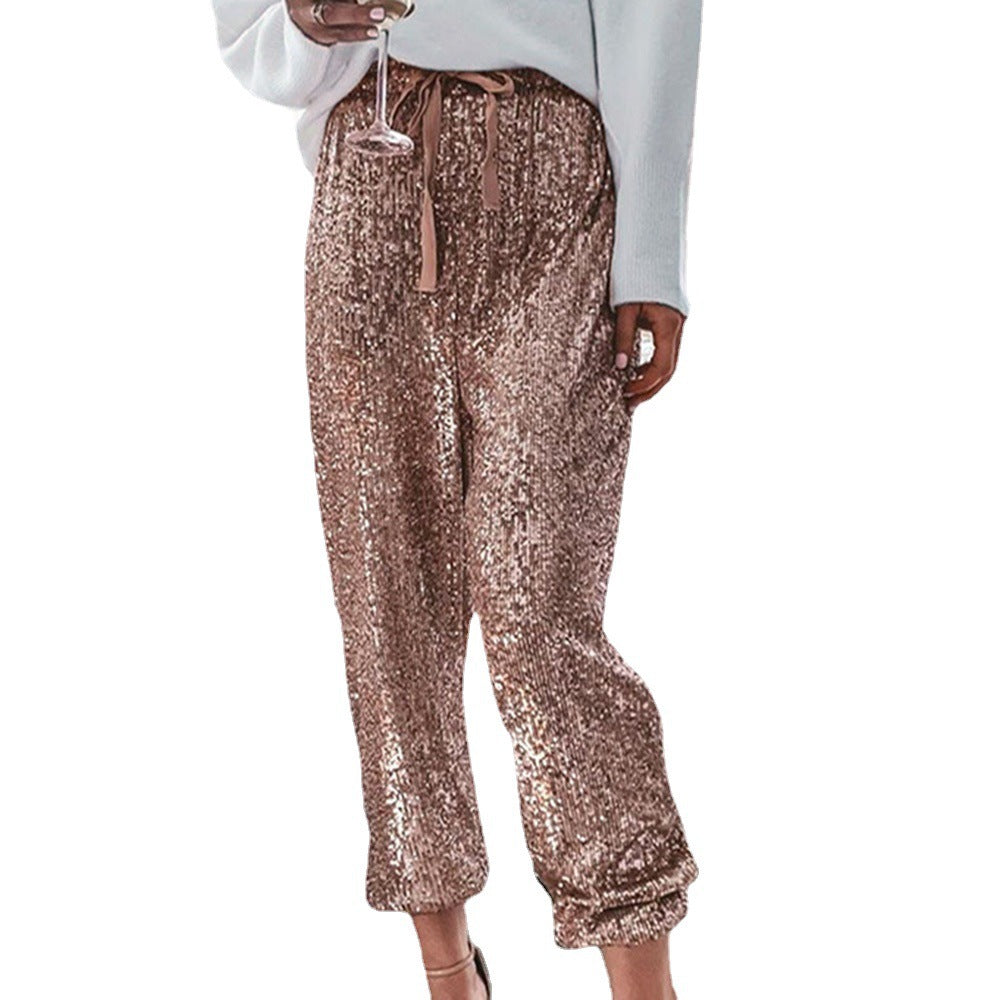 Casual Fashionable Sequins Solid Color High Pants