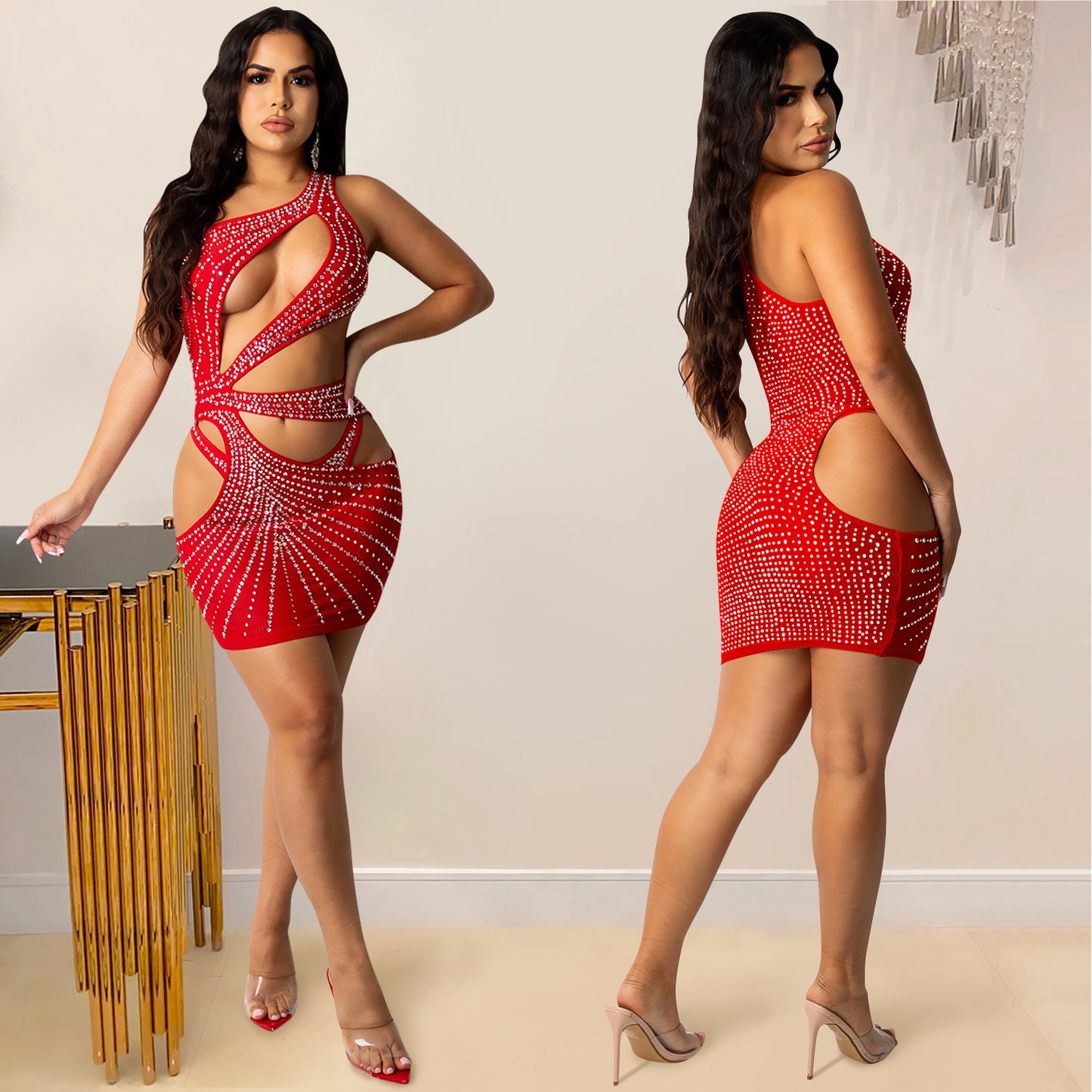 Women's Sexy Solid Color Hot Drilling Mesh Single Dresses