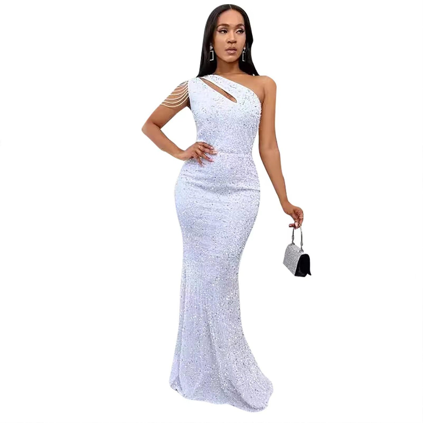 One Shoulder Solid Color Backless Fishtail Dress