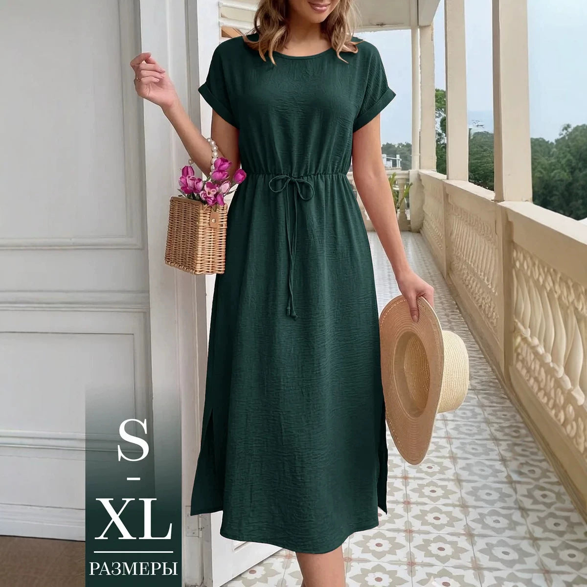 Women's Summer Casual Round Neck Loose Waist Trimming Short-sleeved Dress