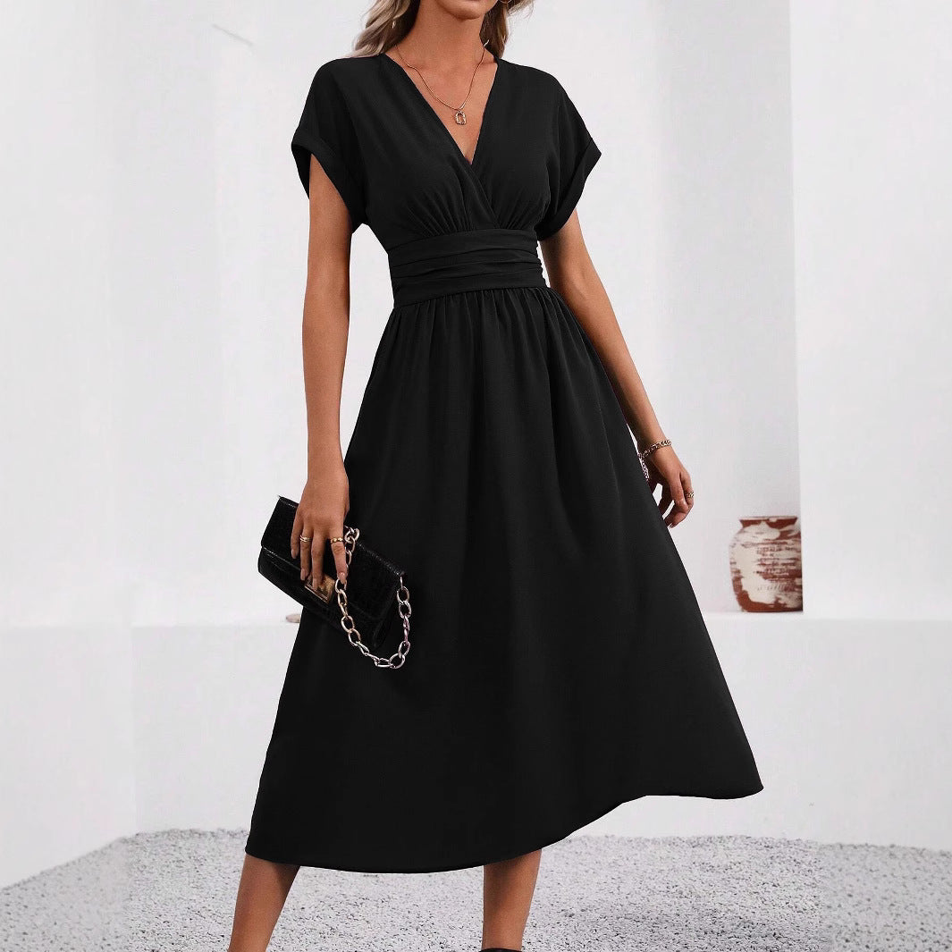 Women's Color Overlapping Batwing Sleeve Waist Pleated Dress