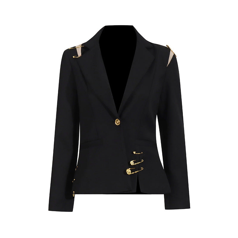 Women's Mesh Stitching Decorative Pin Long Sleeve Slim Fit Blazers