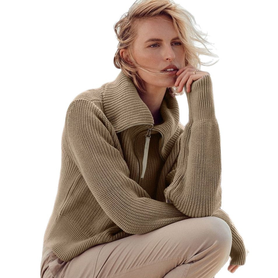 Women's Solid Color Zipper Wide Collar Fashion Sweaters