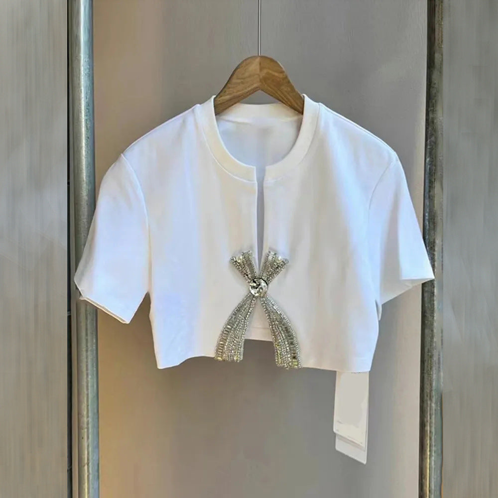 Women's Fashion Simple Rhinestone Bow Short-sleeved Summer Tide Style Women's T-shirt