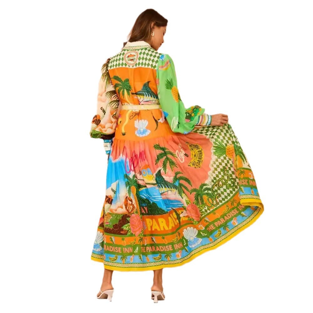 Single-breasted Long Lantern Sleeve Iti Printing Dress