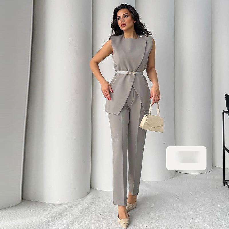 Women's Solid Color Round Neck Sleeveless High Waist Wide Leg Suits