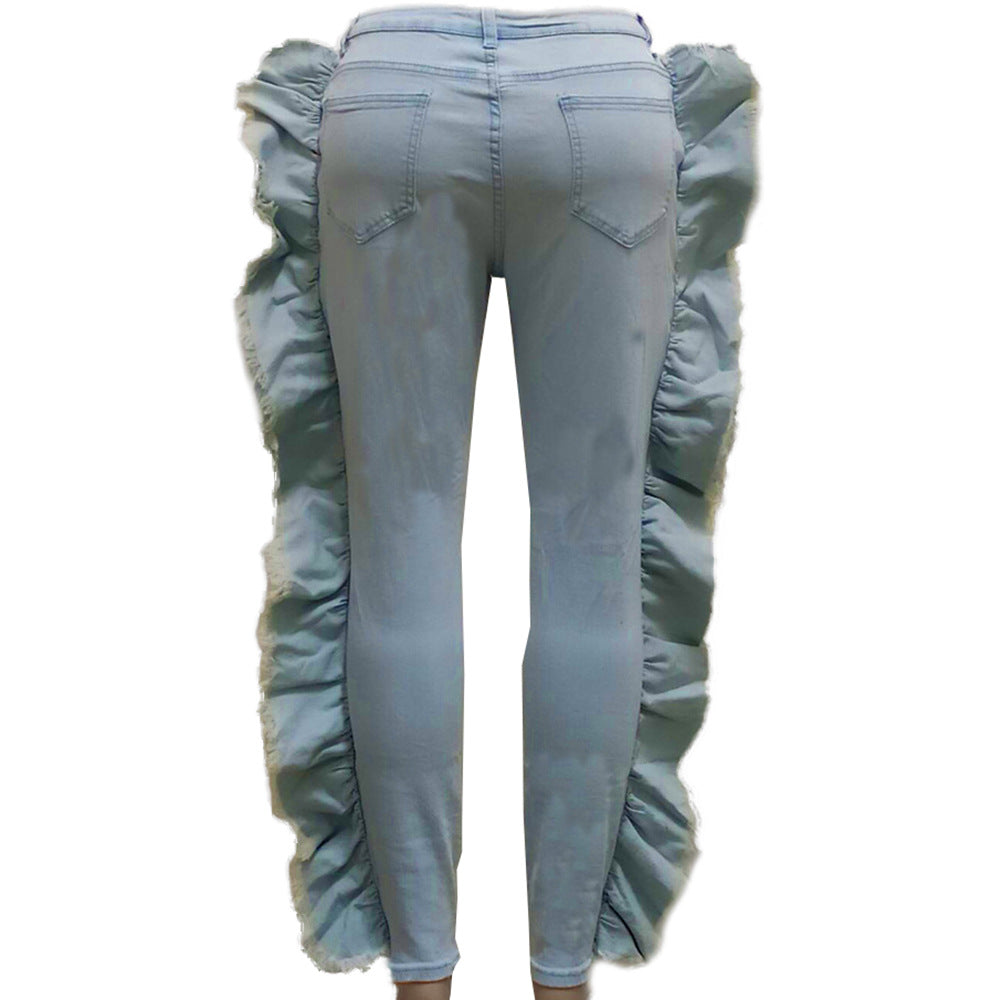 Women's Hand Frayed Side Ruffle Tight Stretch Jeans