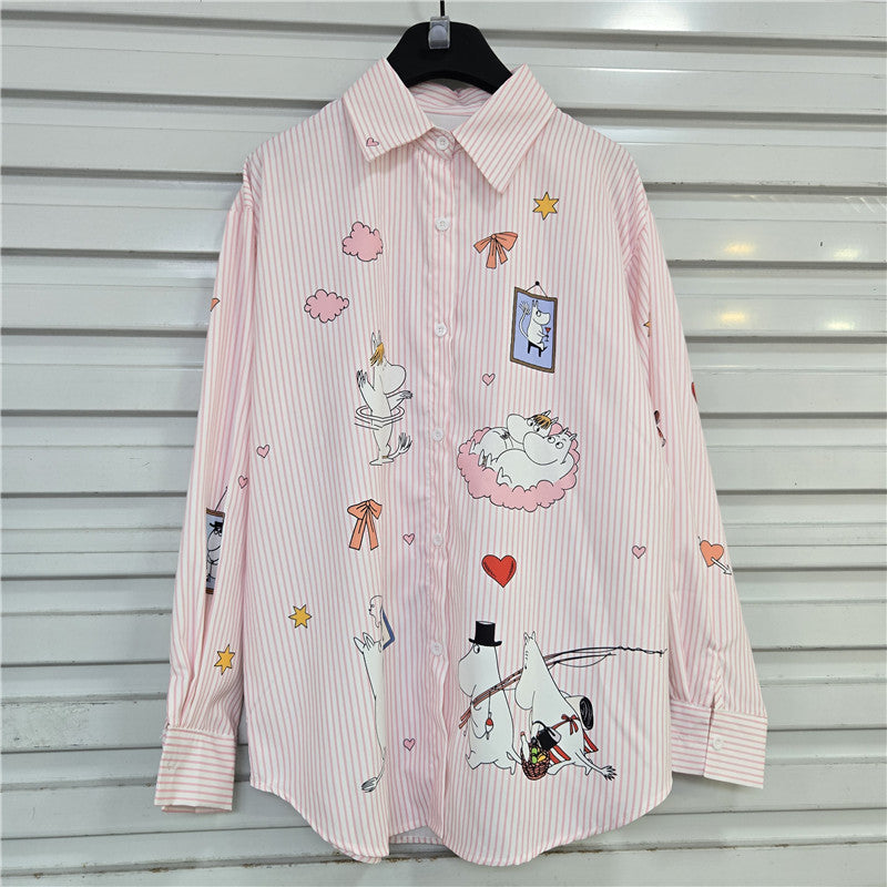 Women's Pink Cute Cartoon Printed Striped Design Shirt Autumn Blouses