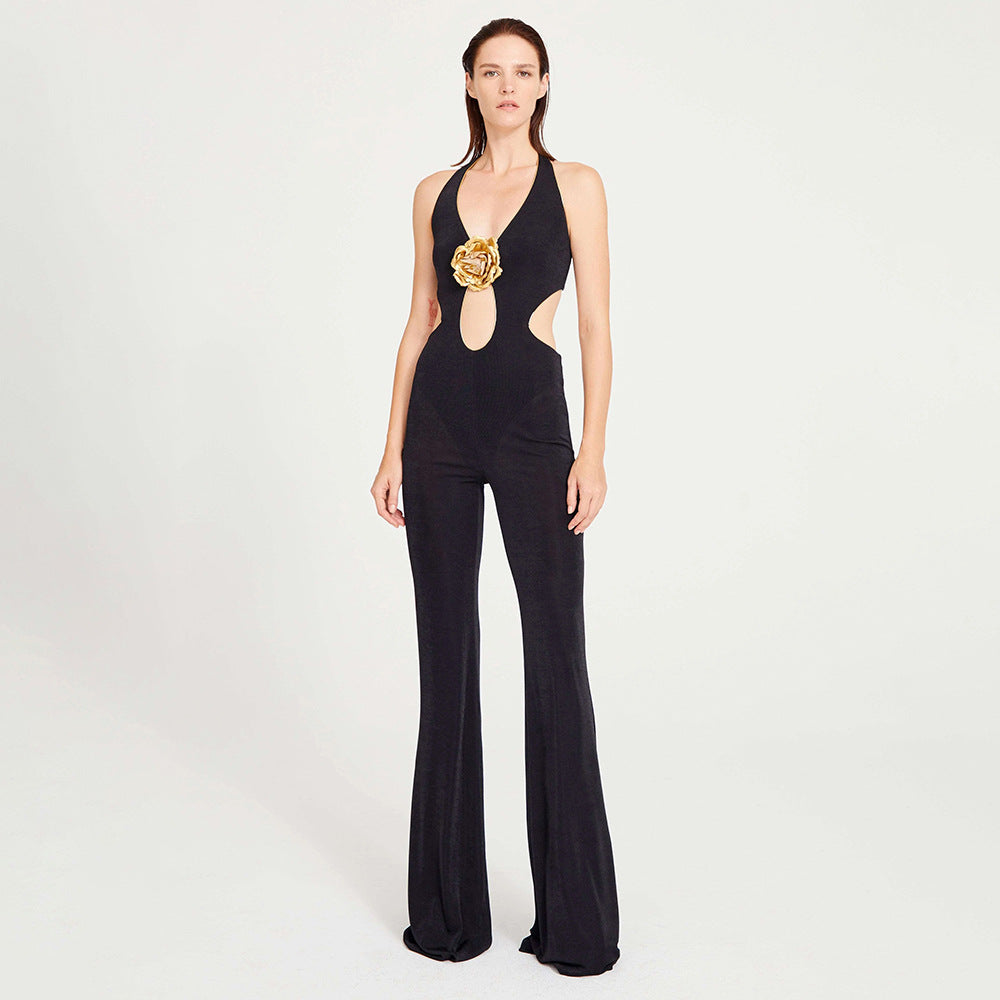 Women's Golden Flower Sleeveless Backless Halter Sexy Trousers Jumpsuits