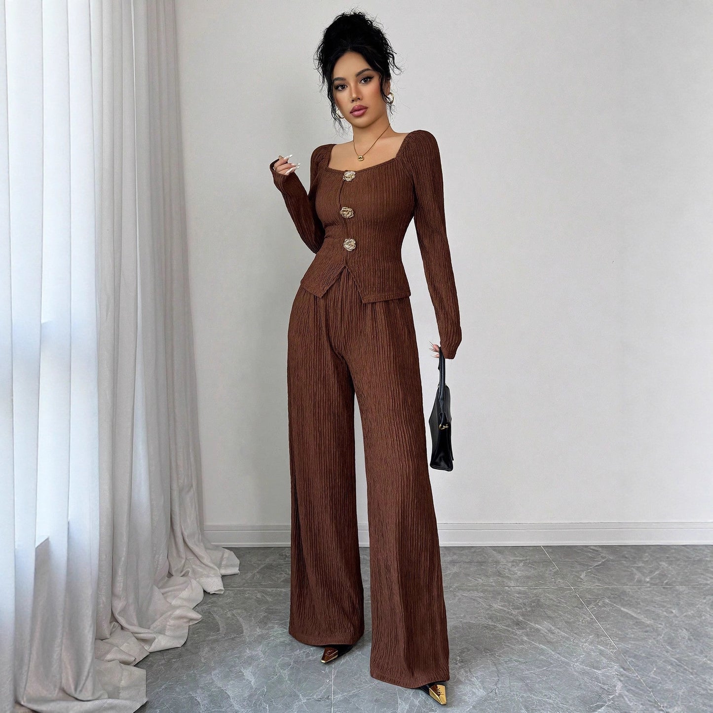 Women's Knitted Solid Color Square-cut Collar Metal Suits