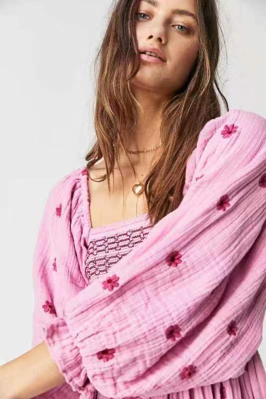 Autumn Casual Bell Sleeve Smocking Embroidered Square Dresses