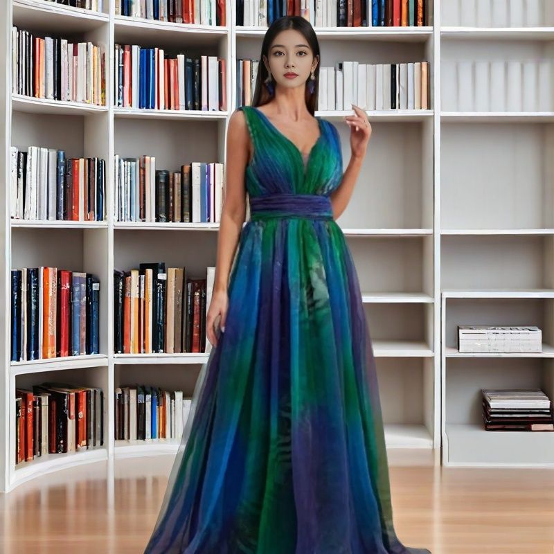 Women's Summer Deep Backless Printed Chiffon Big Dresses