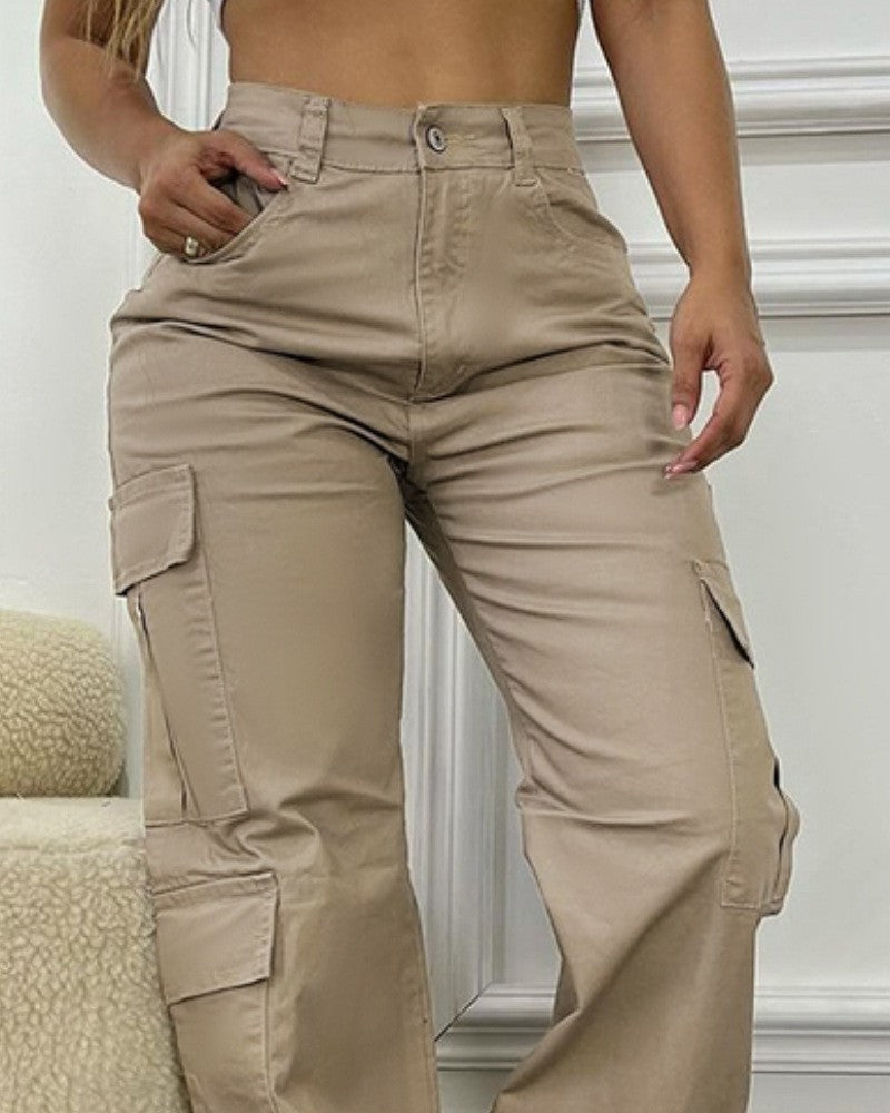 High Waist Work Clothes Patch Pocket Pants