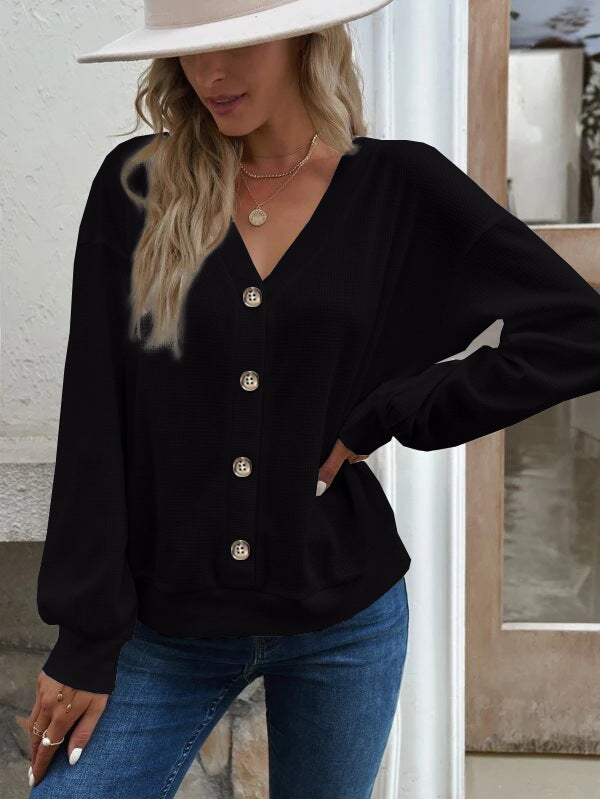 Women's Solid Color Buttons Loose Long-sleeved T-shirt Women's Sweater, Sweater