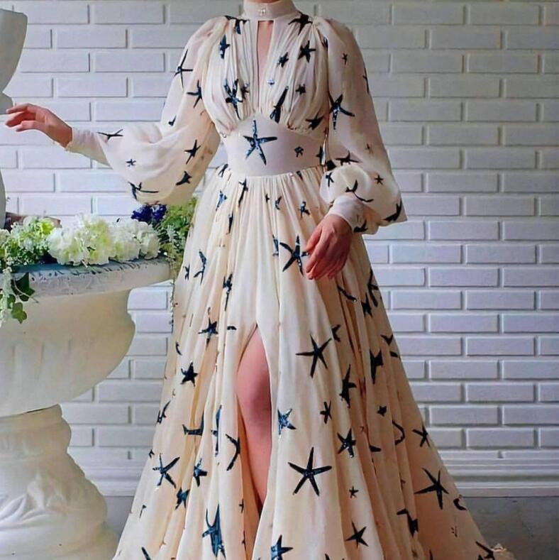 Turtleneck Sequined Slit Lantern Sleeve Formal Dresses