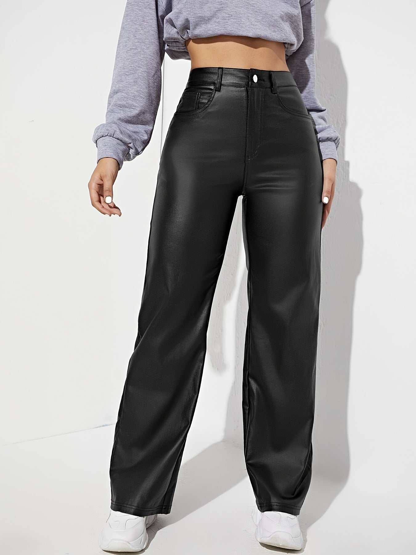 Women's Leather High Waist Wide Leg Casual Pants