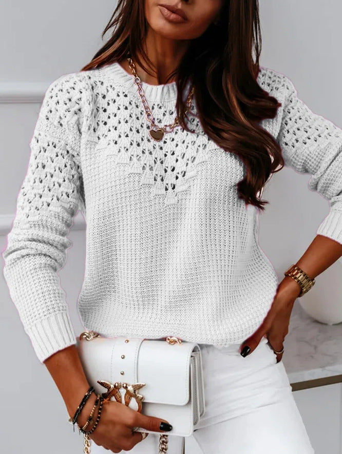 Women's Jacquard Hollow Out Stitching Round Neck Sweaters