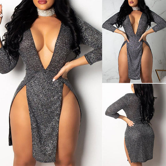 Women's Hot Film Sequined Deep V Split Dress