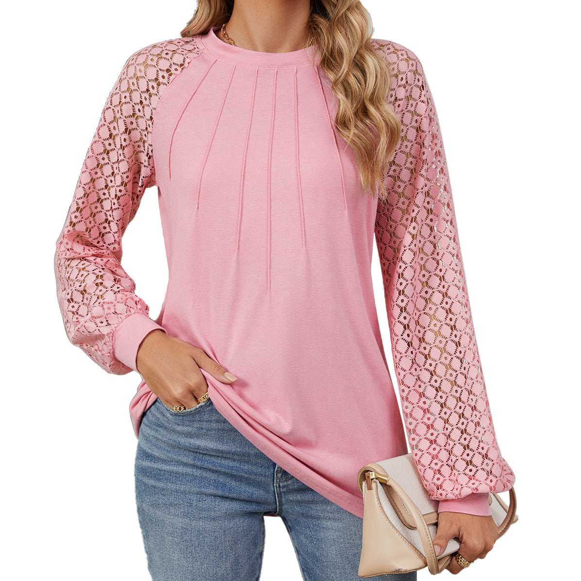 Women's Lace Patchwork Round Neck Long Sleeve Tops