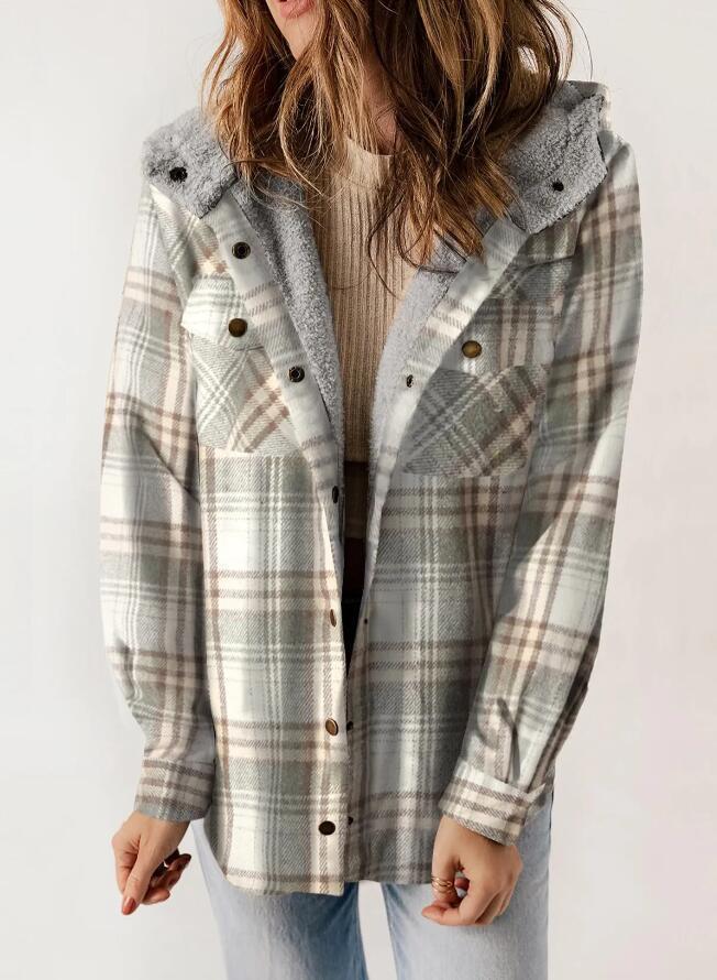Women's Plaid Casual Long-sleeved Furry Hooded With Coats