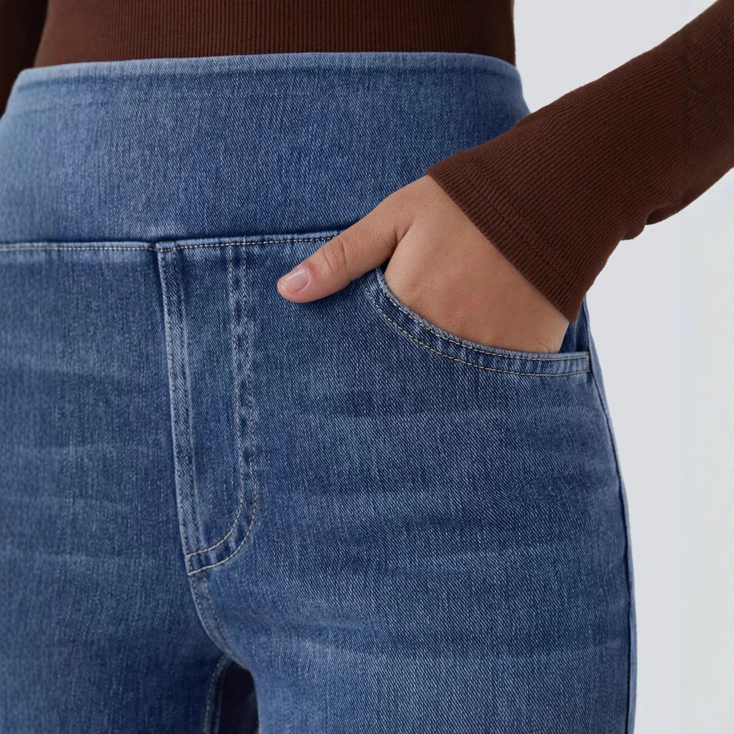Women's Washed High Waist Straight Stretch Slim Fit Draped Jeans
