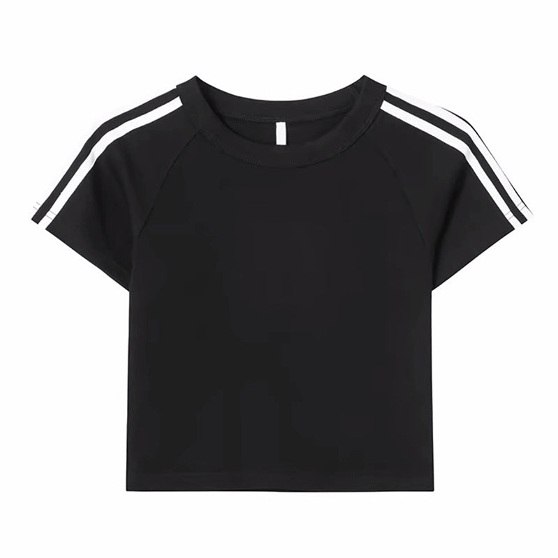 Women's Striped Shoulder Short-sleeved Small Slimming Bottoming Tops