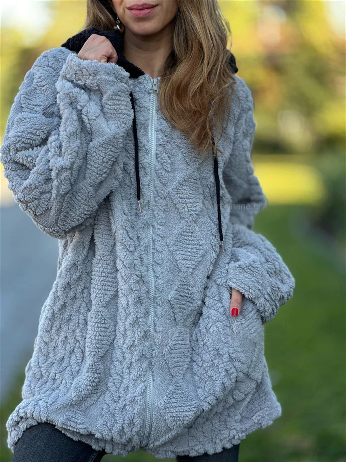 Women's Casual Hooded Solid Color Fur Zip Long Sleeve Coats