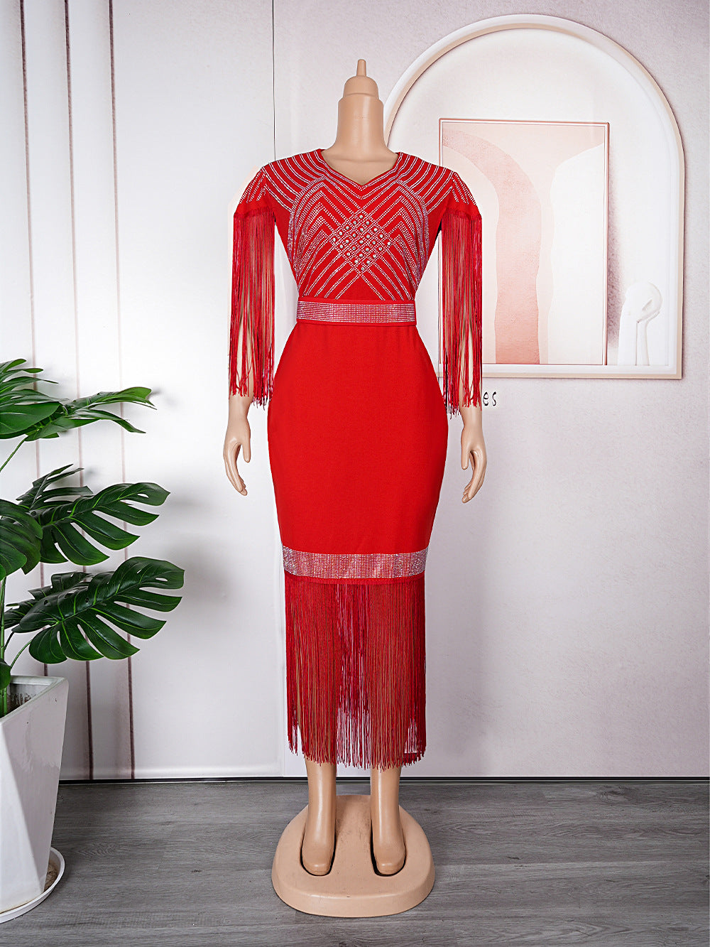 Women's Fat Clothes African Rhinestone Tassel Dress Dresses